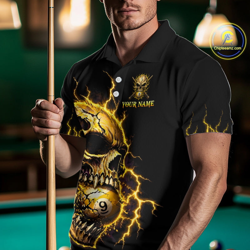 Custom Yellow Flame Skull 9 Ball Cracked Billiard Shirt for Men Billiard Team Jersey NNT195