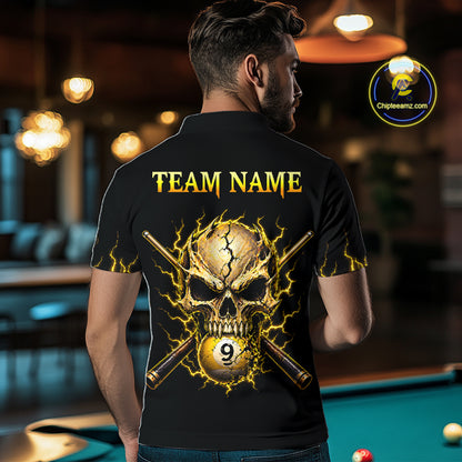 Custom Yellow Flame Skull 9 Ball Cracked Billiard Shirt for Men Billiard Team Jersey NNT195