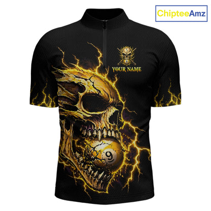 Custom Yellow Flame Skull 9 Ball Cracked Billiard Shirt for Men Billiard Team Jersey NNT195