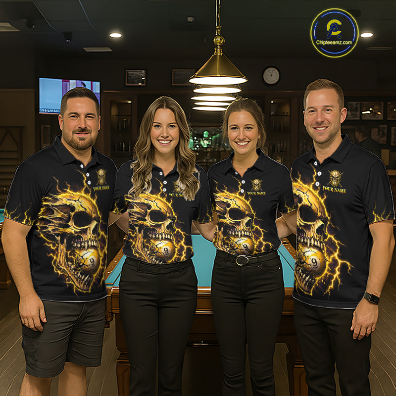 Custom Yellow Flame Skull 9 Ball Cracked Billiard Shirt for Women Billiard Team Jersey NNT195