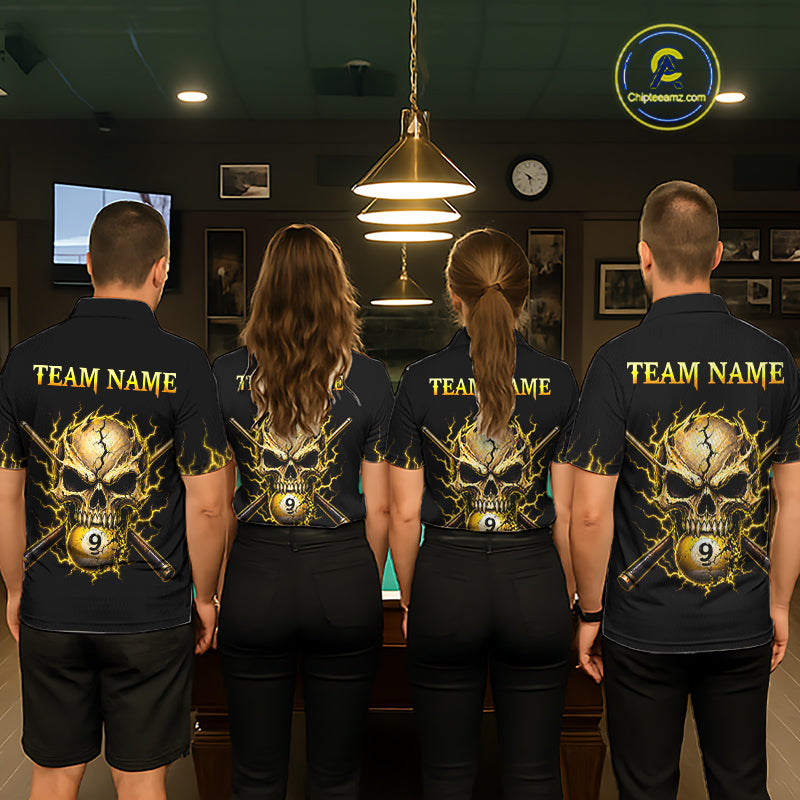 Custom Yellow Flame Skull 9 Ball Cracked Billiard Shirt for Men Billiard Team Jersey NNT195