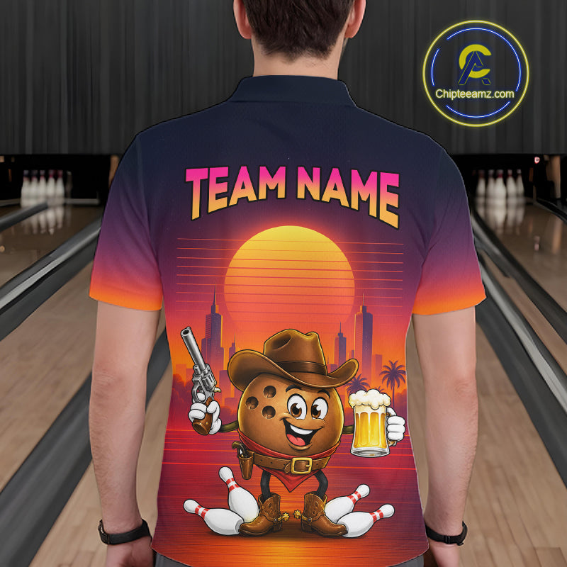 A person viewed from behind wearing a short-sleeve bowling shirt with a colorful cartoon cookie character graphic on the back, including the text 'TEAM NAME' and a sunset scene. Bowling lanes are visible in the background, and a circular 'Chipteeamz.