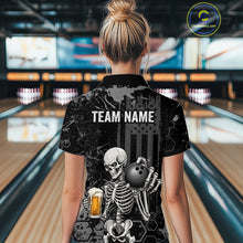 Load image into Gallery viewer, A woman viewed from behind wearing a black short-sleeve bowling-themed polo shirt with a large skeleton graphic holding a bowling ball and beer glass, and the text 'TEAM NAME' printed across the back. Bowling lanes are visible in the background, and a circular 'CustomPolio.