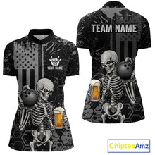 Load image into Gallery viewer, Front and back views of a black short-sleeve polo shirt with a distressed American flag design, skeleton graphics holding bowling balls and beer mugs, and customizable text areas reading 'YOUR NAME' and 'TEAM NAME'.