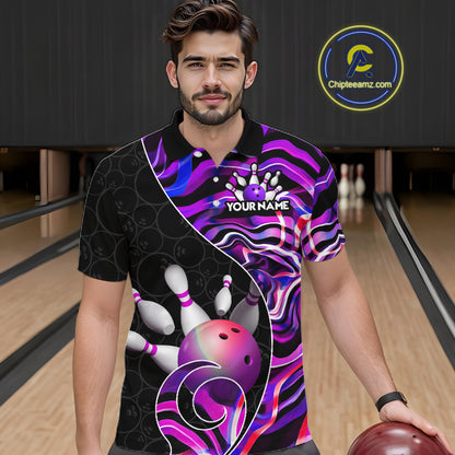 Custom Purple Neon Wave Bowling Team Shirts, Strike Bowling Shirts For Men Bowling Jersey HNT465