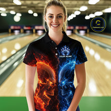 Load image into Gallery viewer, Women’s fire lightning skull bowling polo shirt, front view on female model in bowling lane 