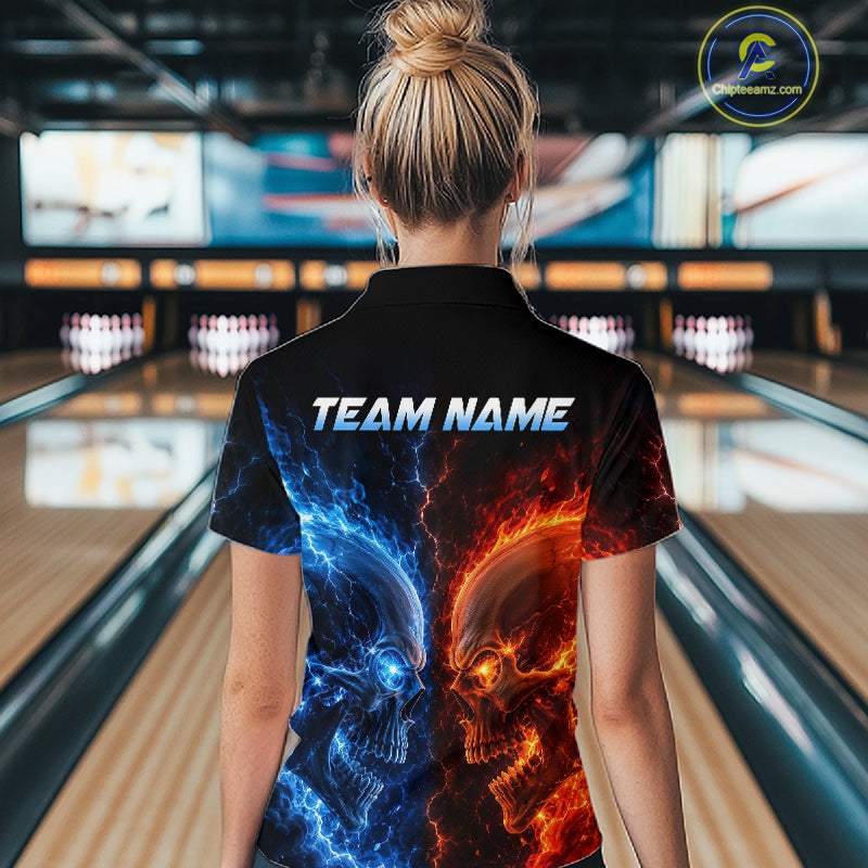 Women’s fire lightning skull bowling polo shirt, back view on female model in bowling lane 