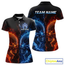 Load image into Gallery viewer, Custom fire lightning skull bowling jersey for women, custom team bowling polo shirt front view and back view