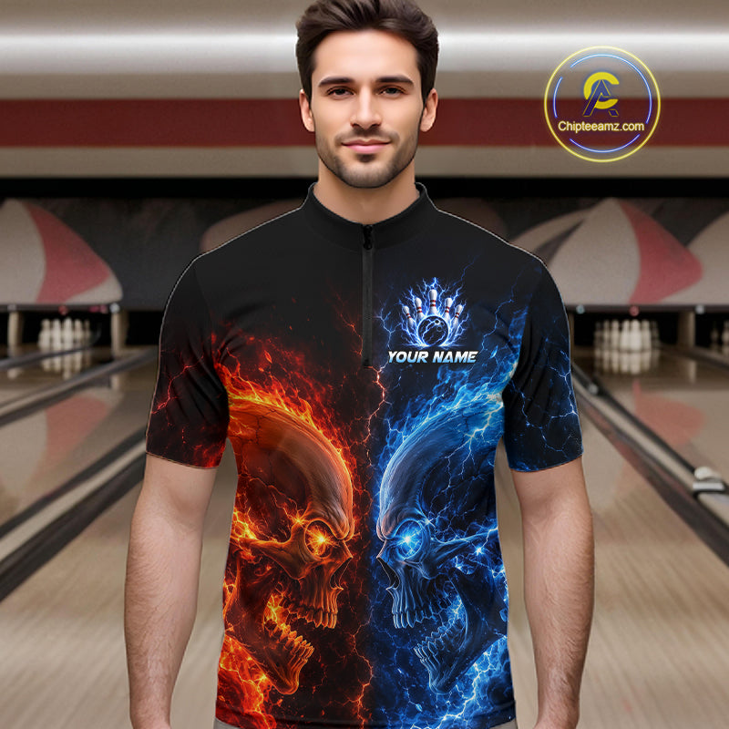 Men’s fire lightning skull bowling quarter zip shirt, front view on male model in bowling lane 
