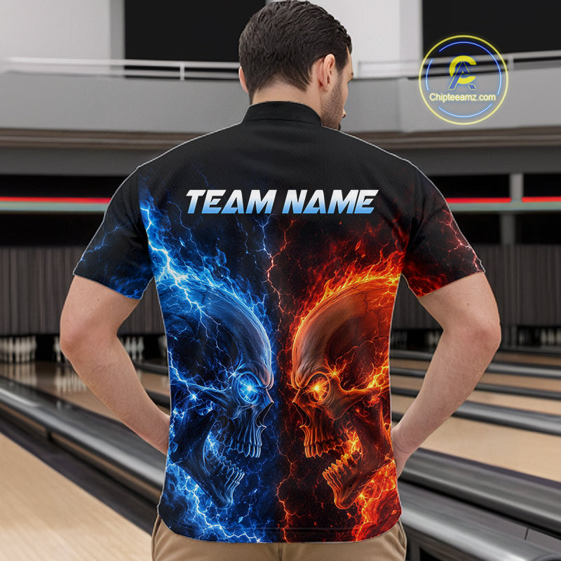Men’s fire lightning skull bowling quarter zip shirt, back view on male model in bowling lane 