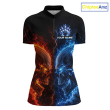 Load image into Gallery viewer, Custom fire lightning skull bowling jersey for women, personalized team bowling quarter zip shirt front view