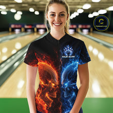 Load image into Gallery viewer, Women’s fire lightning skull bowling quarter zip shirt, front view on female model in bowling lane 