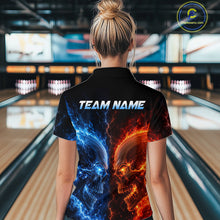 Load image into Gallery viewer, Women’s fire lightning skull bowling quarter zip shirt, back view on female model in bowling lane 