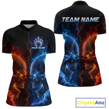 Load image into Gallery viewer, Custom fire lightning skull bowling jersey for women, custom team bowling quarter zip shirt front view and back view