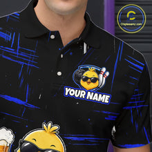 Load image into Gallery viewer, Man wearing a black bowling polo featuring a sunglasses-wearing yellow chick holding a bowling ball and beer, surrounded by smiling bowling pins, with personalized name and team name text.