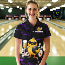 Load image into Gallery viewer, Women wearing bowling polo shirt featuring a chick holding a bowling ball surrounded by smiling pins and beer graphics on black yellow background.