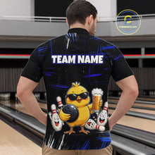 Load image into Gallery viewer, Man wearing a black bowling polo featuring a sunglasses-wearing yellow chick holding a bowling ball and beer, surrounded by smiling bowling pins, with personalized name and team name text.