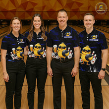 Load image into Gallery viewer, Four people wearing bowling polo shirt featuring a chick holding a bowling ball surrounded by smiling pins and beer graphics on black yellow background