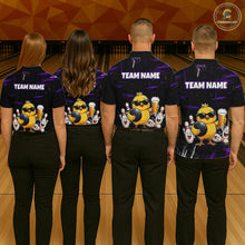 Load image into Gallery viewer, Four people wearing bowling polo shirt featuring a chick holding a bowling ball surrounded by smiling pins and beer graphics on black yellow background.