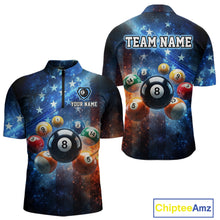 Load image into Gallery viewer, Two views of a sports jersey with billiard ball design and customizable text, featuring the brand 'Chiptee Amz'.