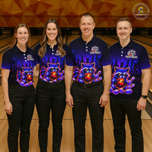 Load image into Gallery viewer, Four people wearing bowling polo shirt featuring a raccoon holding a bowling ball framed by pins with purple city skyline background.