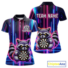 Load image into Gallery viewer, Front and back darts polo shirt featuring a raccoon holding a dartboard framed by neon light effects on a black background.