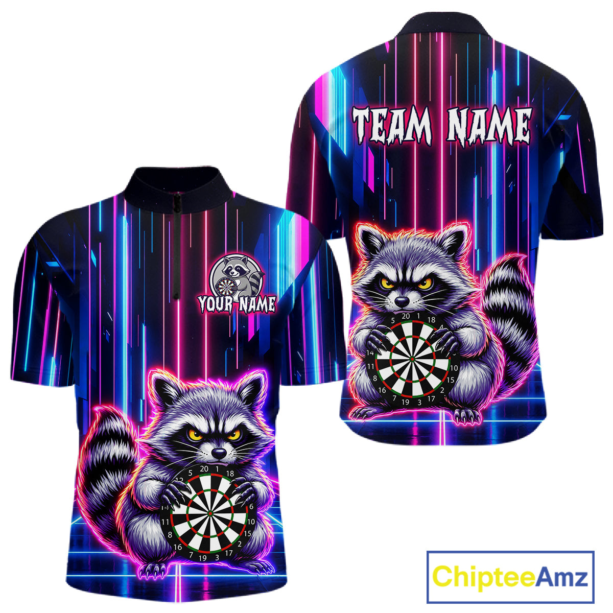 Front and back darts quarter zip shirt featuring a raccoon holding a dartboard framed by neon light effects on a black background.