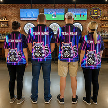Load image into Gallery viewer, Four people wearing darts polo shirt featuring a raccoon holding a dartboard framed by neon light effects on a black background.