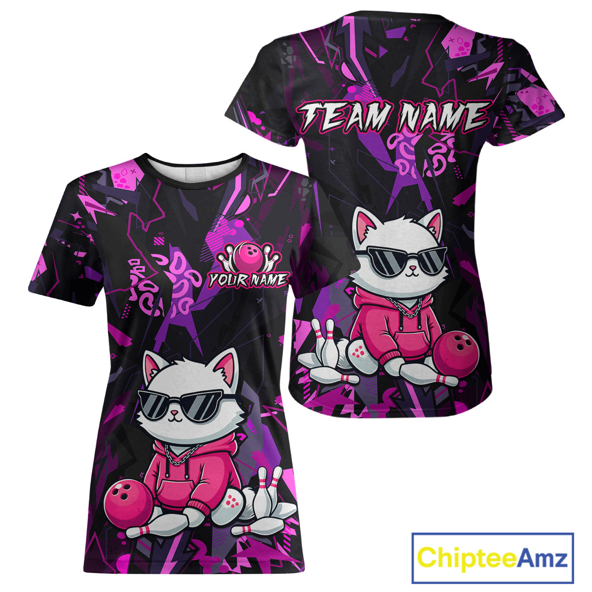 Black t-shirt with pink and white graphics of a cat bowling, sunglasses, and a ball, with 'Team Name' and 'Your Name' text space.