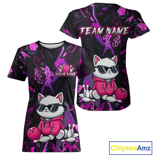 Black t-shirt with pink and white graphics of a cat bowling, sunglasses, and a ball, with 'Team Name' and 'Your Name' text space.