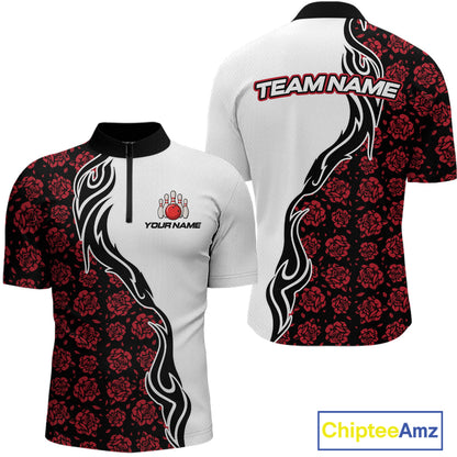 Custom Red Rose Flowers Bowling Jersey for Men Polo & 1/4 Zip Bowling Team Shirts HNT212