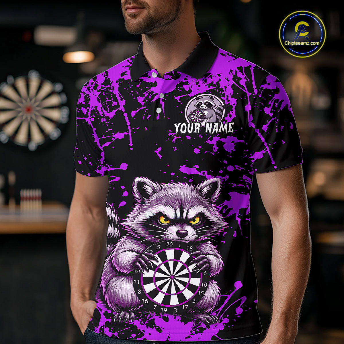 Custom Purple Raccoon Funny Dart Shirt Dart Team Jersey for Men Dartboard Polo & 1/4 Zip Shirts NNT170