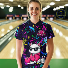 Load image into Gallery viewer, Woman wearing a black bowling quarter zip with neon geometric patterns, custom team text, and a white cat mascot in sunglasses holding a pink bowling ball.