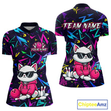 Load image into Gallery viewer, Front and back views of a black bowling quarter zip with neon geometric patterns, custom team text, and a white cat mascot in sunglasses holding a pink bowling ball.
