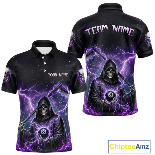 Front and back views of a black billiards polo with purple lightning, a hooded grim reaper holding an 8-ball, and custom team and player name text.