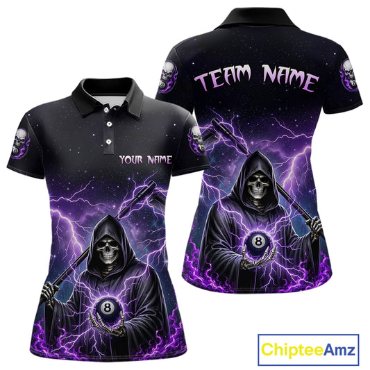 Front and back views of a black billiards polo with purple lightning, a hooded grim reaper holding an 8-ball, and custom team and player name text.