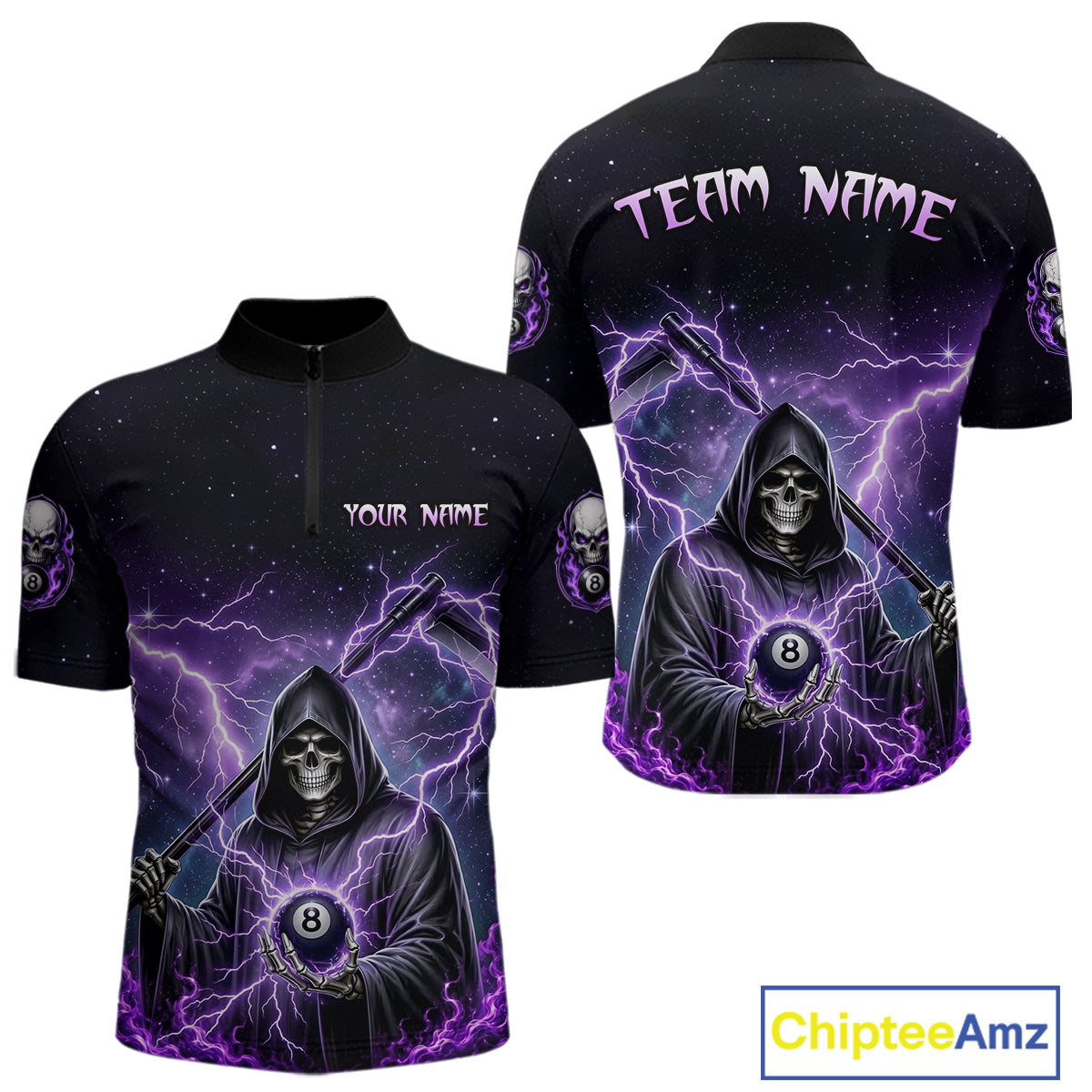 Front and back views of a black billiards  quarter zip with purple lightning, a hooded grim reaper holding an 8-ball, and custom team and player name text.
