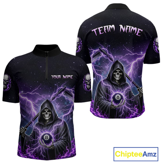 Front and back views of a black billiards  quarter zip with purple lightning, a hooded grim reaper holding an 8-ball, and custom team and player name text.
