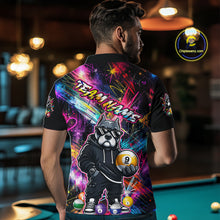 Load image into Gallery viewer, Men wearing personalized billiards polo shirt with a american bully dog holding a nine ball, integrated with colorful streaks and pool ball elements.