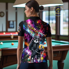 Load image into Gallery viewer, Women wearing personalized billiards polo shirt with a american bully dog holding a nine ball, integrated with colorful streaks and pool ball elements.