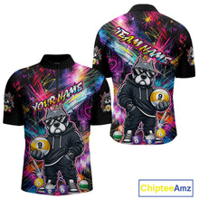 Load image into Gallery viewer, Front and back view personalized billiards quarter zip shirt with a american bully dog holding a nine ball, integrated with colorful streaks and pool ball elements.