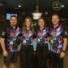 Load image into Gallery viewer, Four people wearing personalized billiards polo shirt with a american bully dog holding a nine ball, integrated with colorful streaks and pool ball elements.