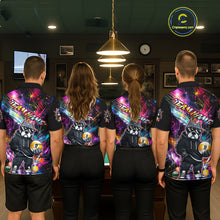 Load image into Gallery viewer, Four people wearing personalized billiards polo shirt with a american bully dog holding a nine ball, integrated with colorful streaks and pool ball elements.