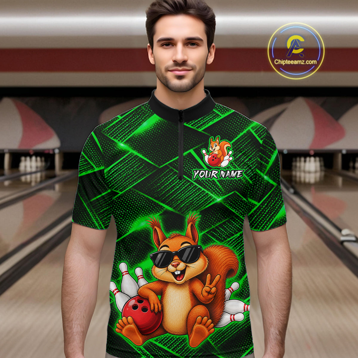 Green Squirrel Funny Custom Bowling Jersey for Men Bowling Team Shirts Bowling League HNT304
