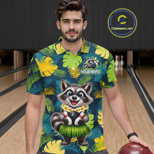Load image into Gallery viewer, Man wearing a tropical bowling polo featuring a smiling raccoon mascot in a grass skirt, leafy patterns, bowling pins, and custom your name text.