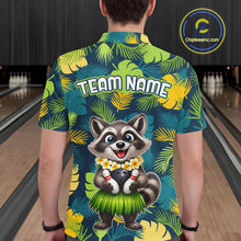 Load image into Gallery viewer, Man wearing a tropical bowling polo featuring a smiling raccoon mascot in a grass skirt, leafy patterns, bowling pins, and custom team name text.