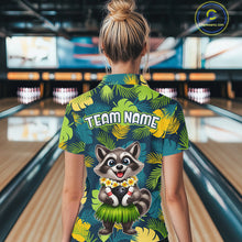 Load image into Gallery viewer, Woman wearing a tropical bowling polo featuring a smiling raccoon mascot in a grass skirt, leafy patterns, bowling pins, and custom team name text.