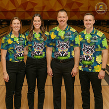 Load image into Gallery viewer, Four people wearing tropical bowling quarter zip featuring a smiling raccoon mascot in a grass skirt, leafy patterns, bowling pins, and custom your name text.