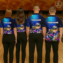 Load image into Gallery viewer, Four people wearing underwater-themed bowling polo featuring a fish mascot wearing sunglasses and a cap, colorful coral reefs, bowling pins, bowling balls, and custom team name text.