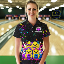 Load image into Gallery viewer, Women wearing personalized bowling polo shirt with cartoon chicks holding bowling balls, framed by pins and colorful paint patterns on a black layout.